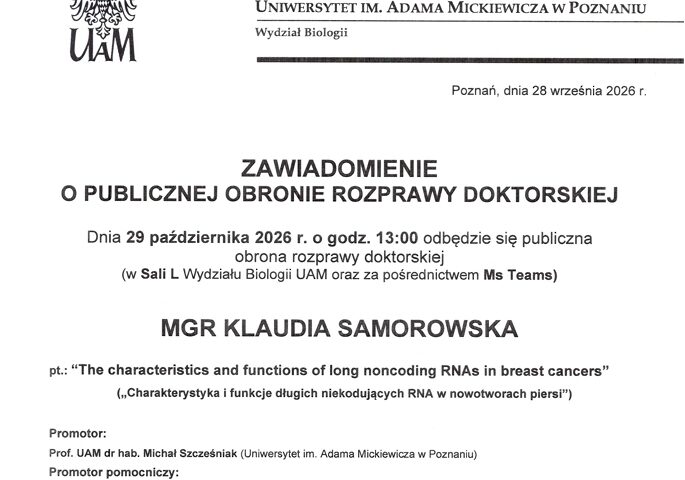 Zawiadomienie o publicznej obronie rozprawy doktorskiej mgr Klaudii Samorowskiej !!!