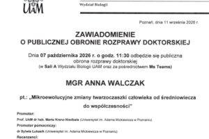 Zawiadomienie o publicznej obronie rozprawy doktorskiej mgr Anny Walczak !!!