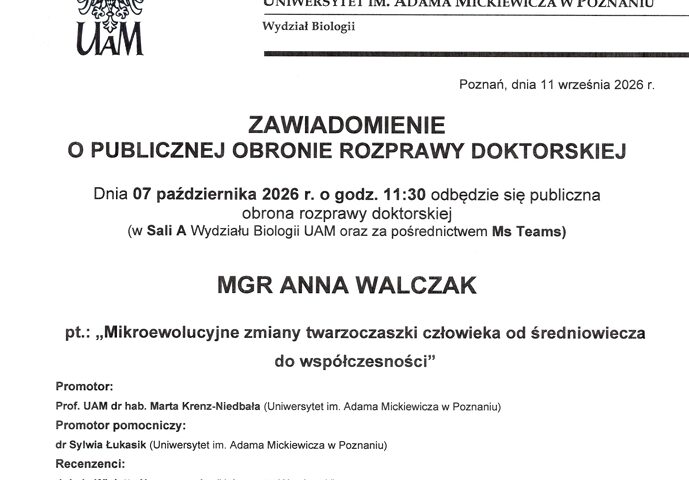 Zawiadomienie o publicznej obronie rozprawy doktorskiej mgr Anny Walczak !!!