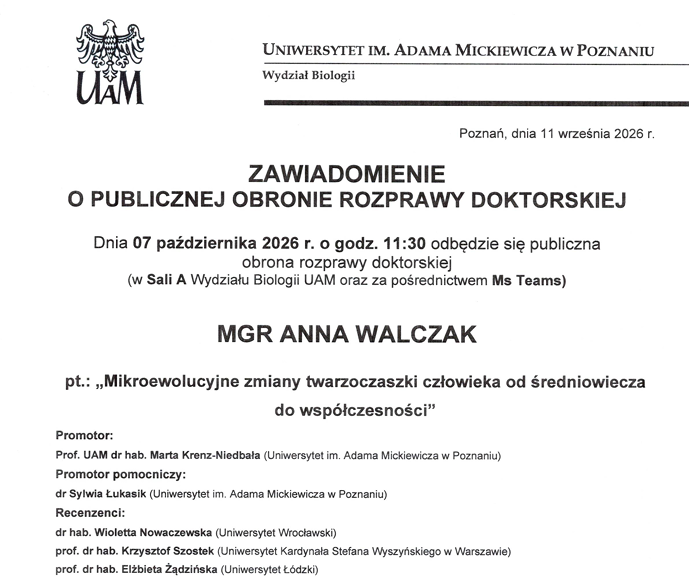 Zawiadomienie o publicznej obronie rozprawy doktorskiej mgr Anny Walczak !!!
